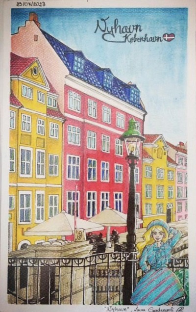 Nyhavn, acrylic and pencils on paper, laminated (16x24,8 cm), Laura Cardaropoli