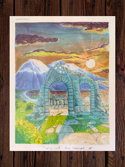 Fantasy world, mixed technique on paper, laminated