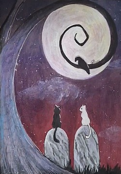 Moonlight, cat, acrylic on paper, painting, cats
